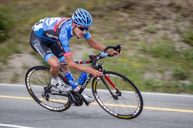 Lachlan Morton (Garmin Sharp) tries to descend into Breckenridge as fast as he can.