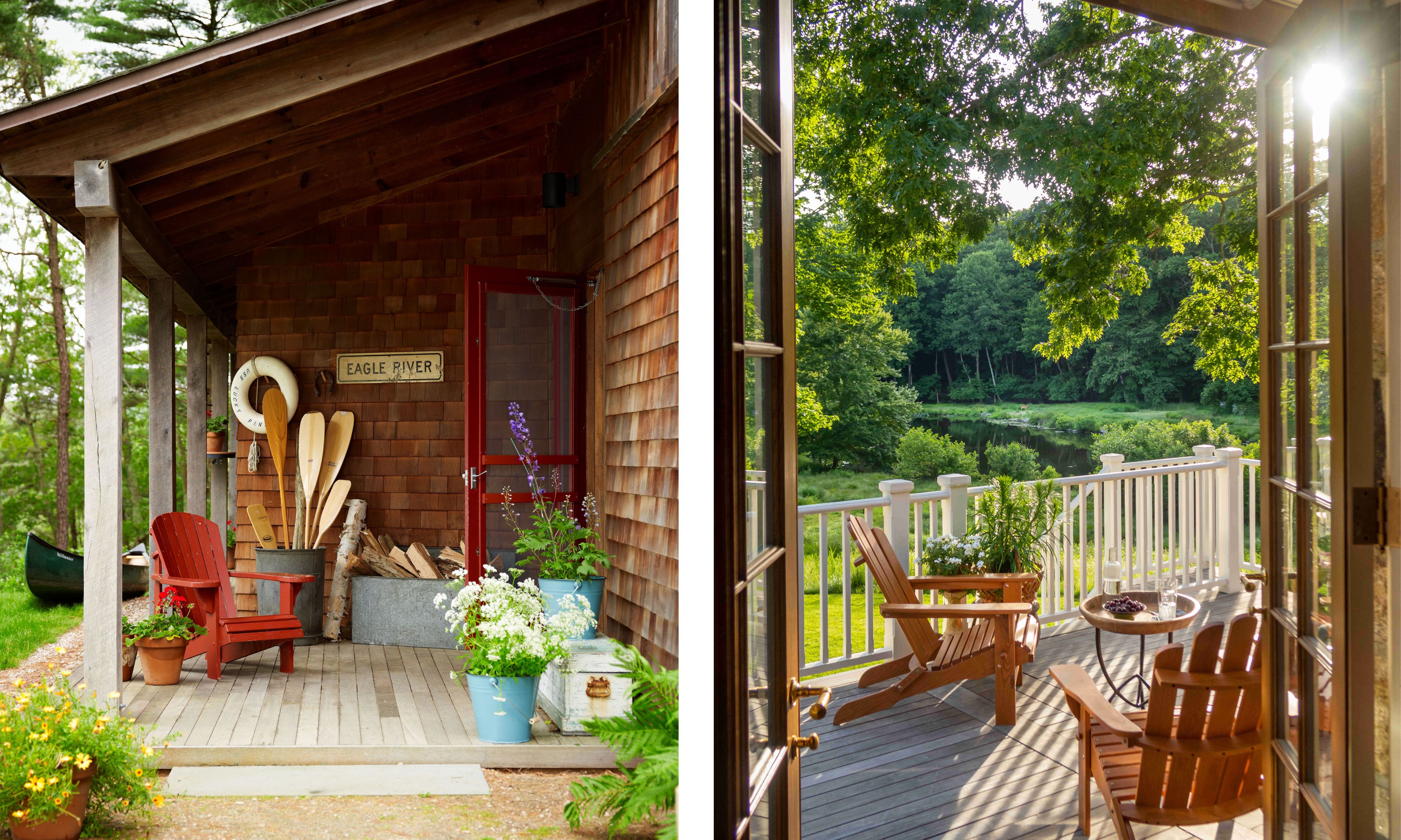 Front porches with wooden decking and adirondack chairs