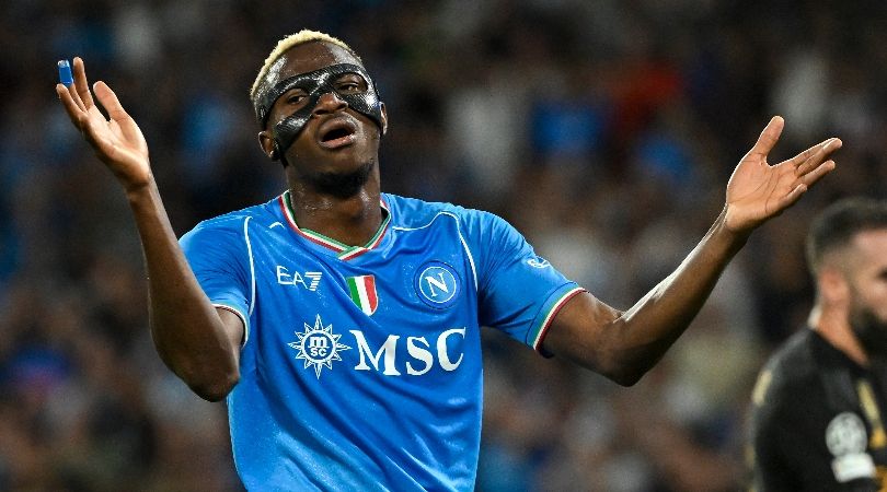 Victor Osimhen gestures during Napoli&#039;s Champions league clash against Real Madrid in October 2023.