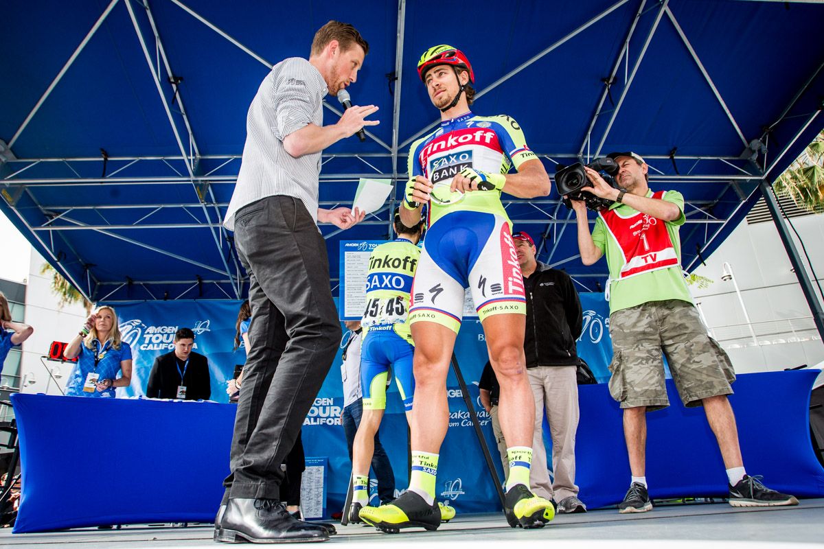 Peter Sagan (Tinkoff-Saxo) gets interviewed before the start