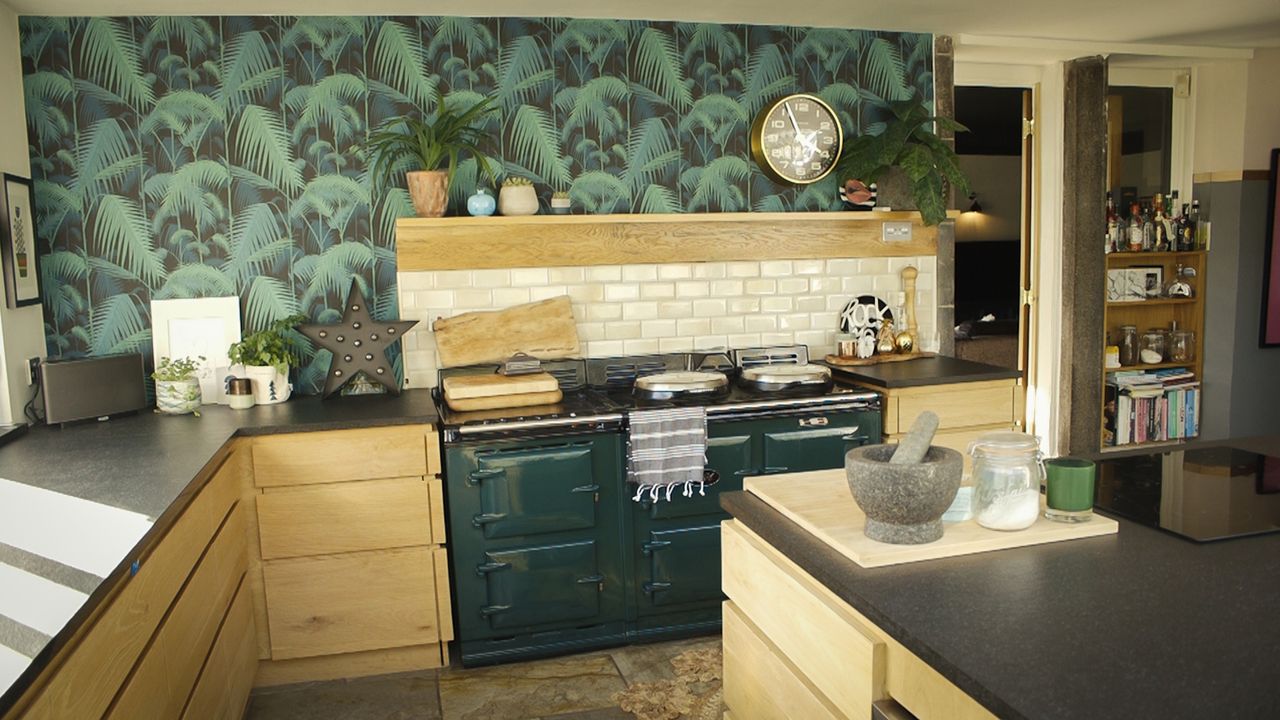 palm pattern wallpaper in a modern kitchen