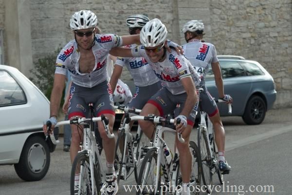 Stage winner Sylvain Georges (Big Mat - Auber 93) celebrates with his teammates.