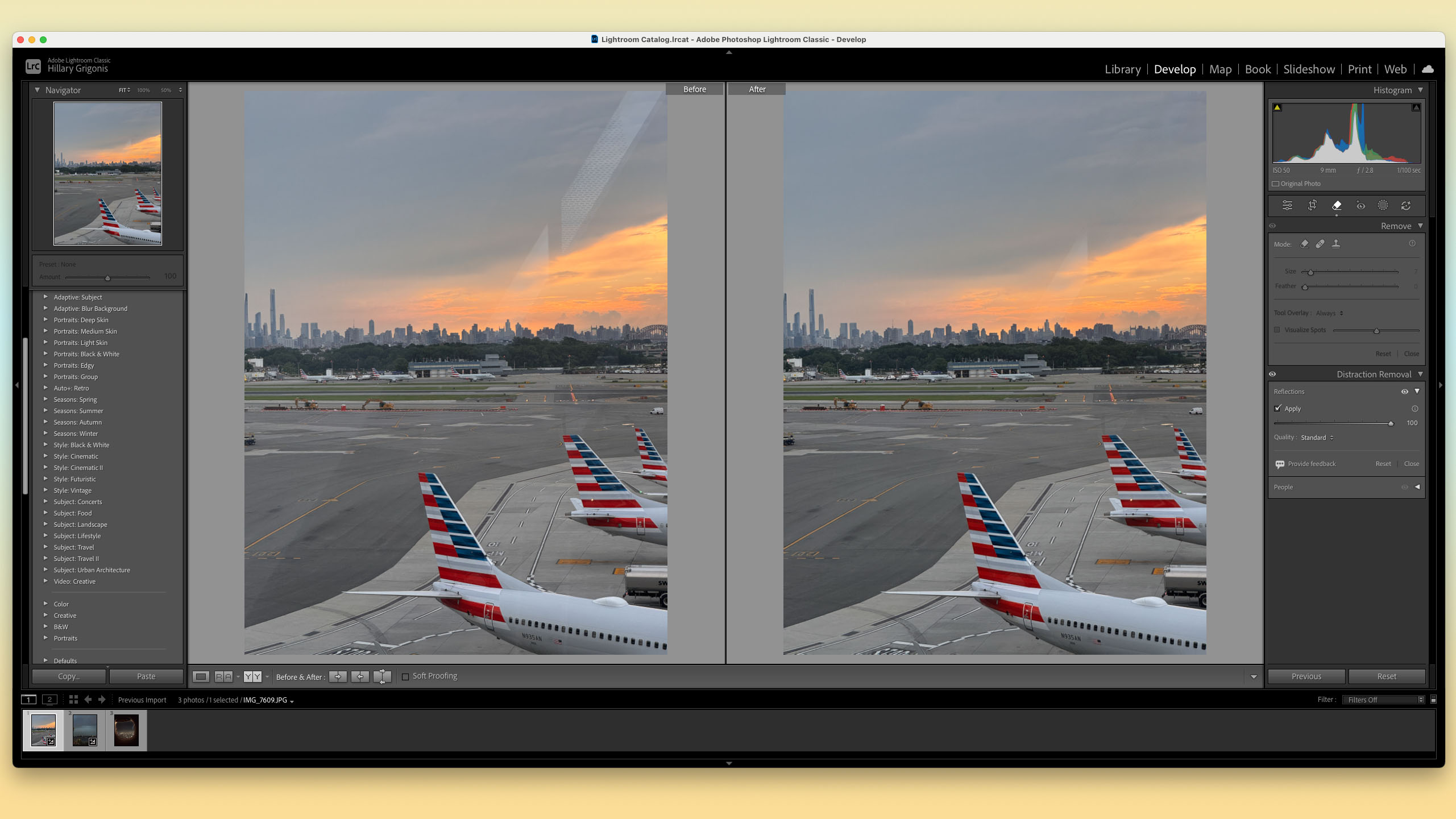 A screenshot of the reflection removal tool in Adobe Lightroom