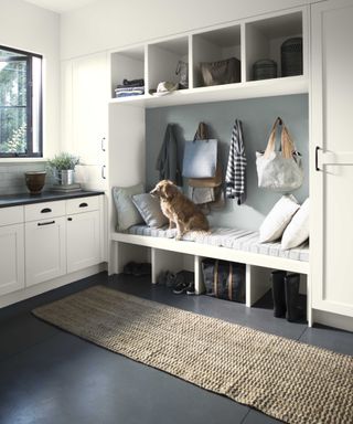 bootility with white open shelving, seat and small dog