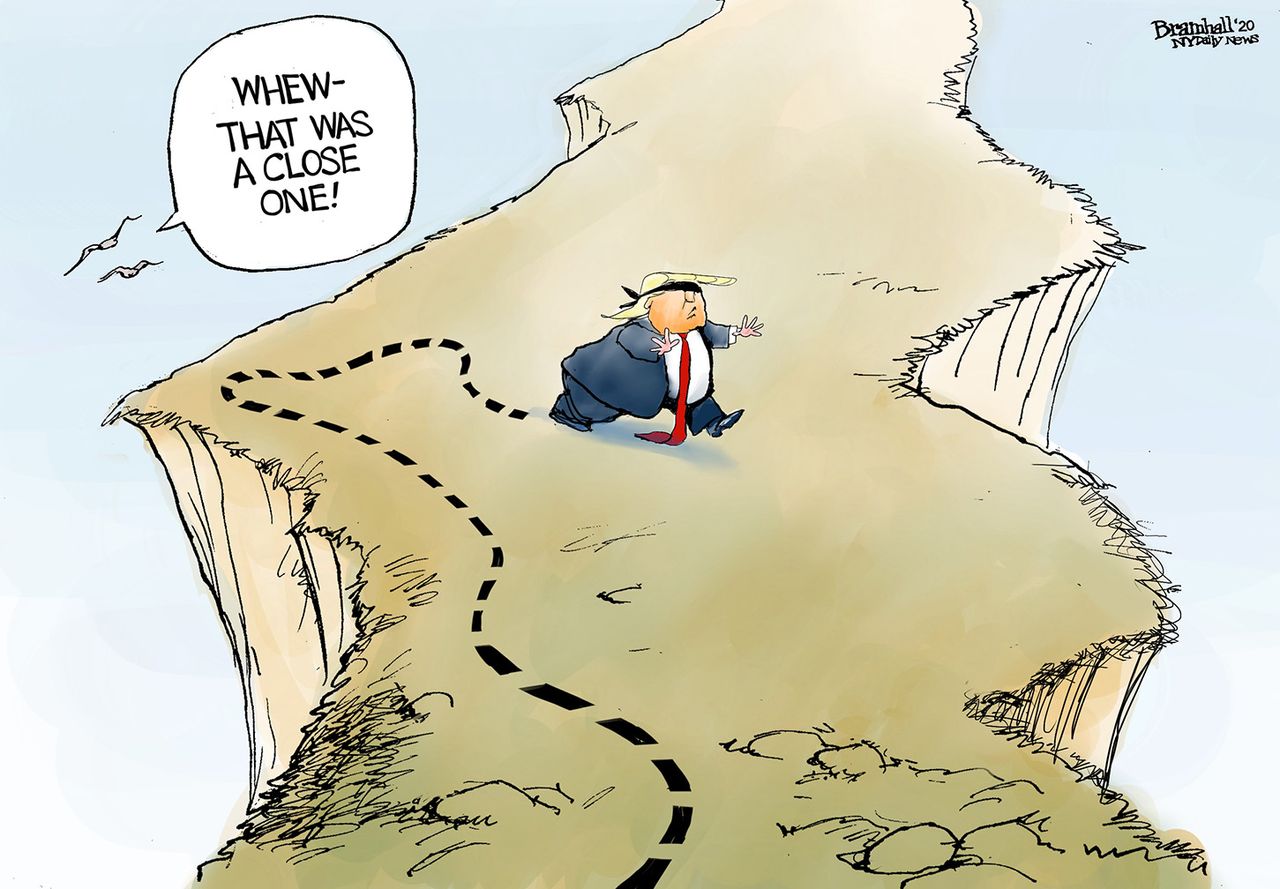 Political Cartoon U.S. Trump Blindfolded Iran War Cliff