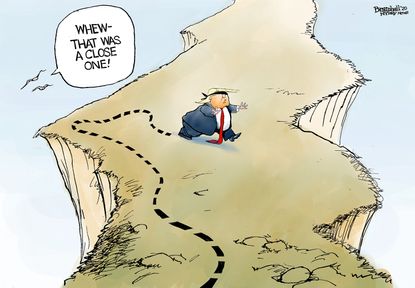 Political Cartoon U.S. Trump Blindfolded Iran War Cliff