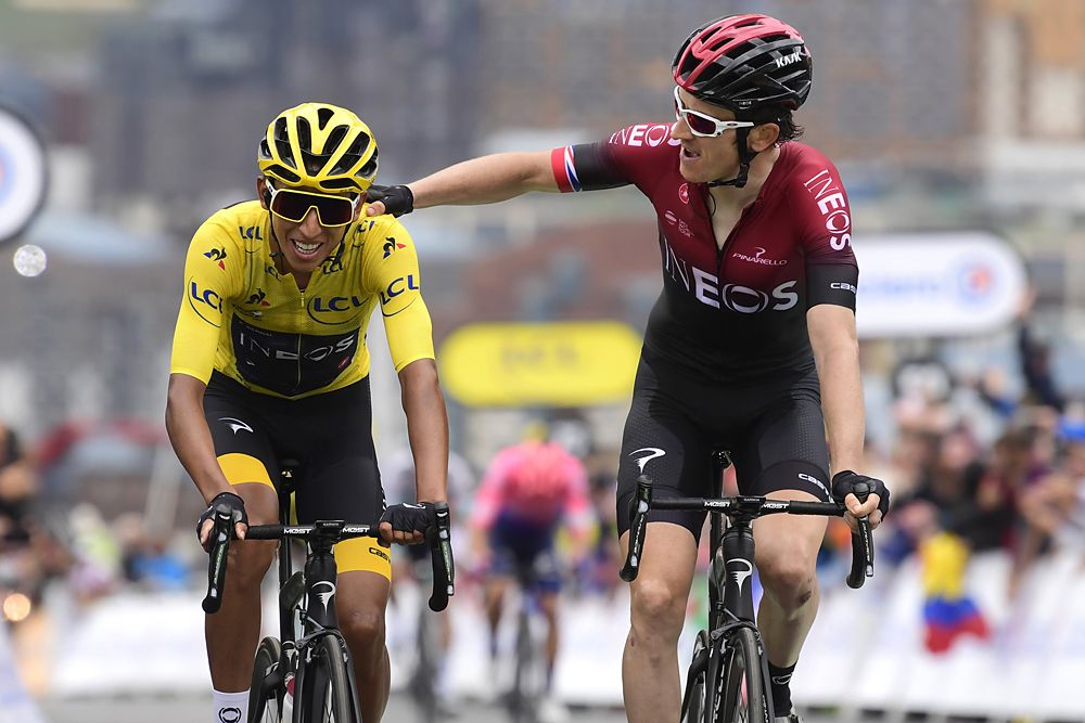 Egan Bernal and Geriant Thomas (Team Ineos) cross the finish line of stage 20 on Val Thorens