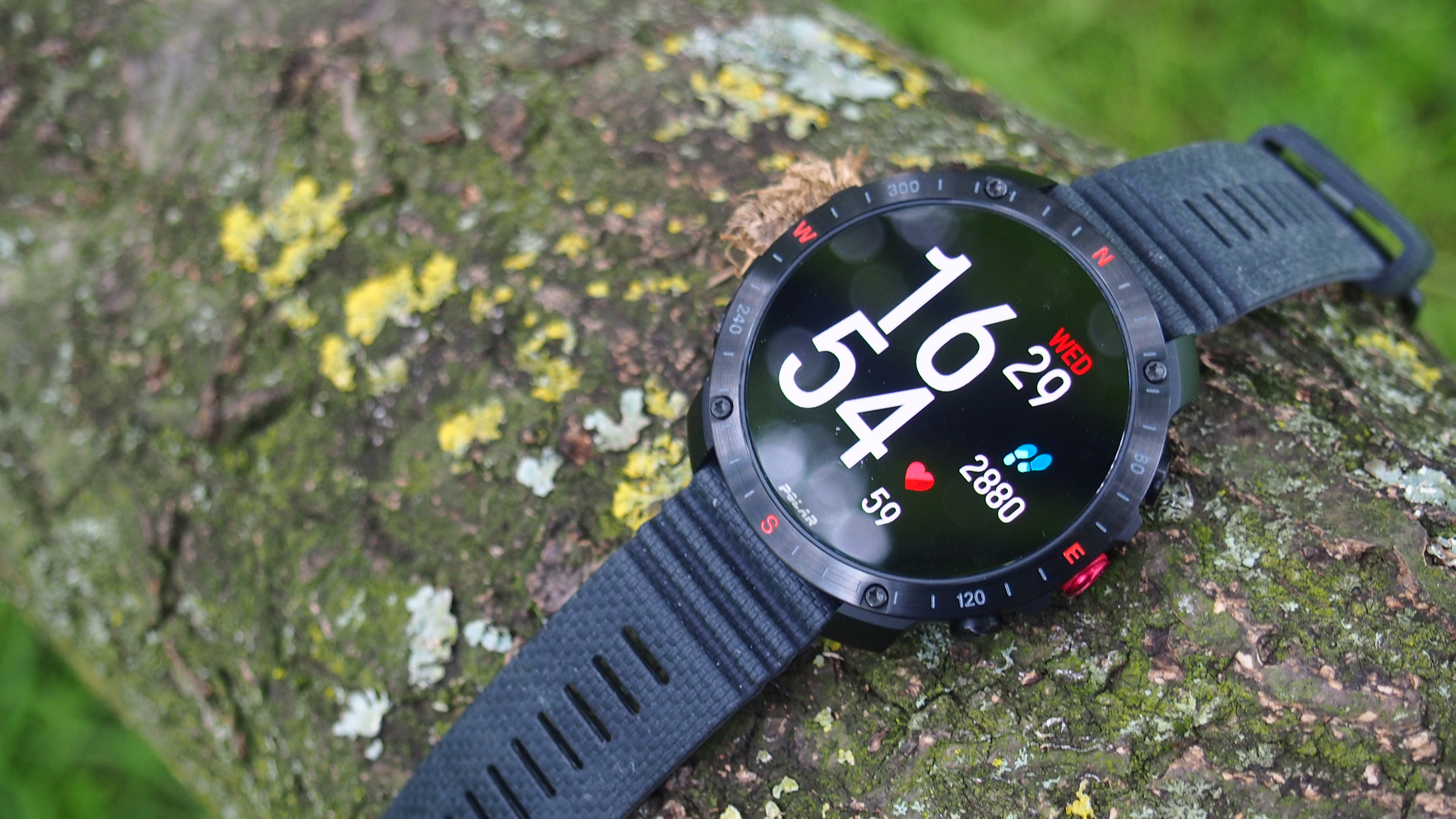Polar Grit X2 Pro watch on a log showing clock face and step count