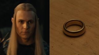 From left to right: Charlie Vickers as Sauron with blonde hair and the one ring in Fellowship of the Ring.