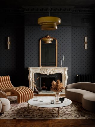 luxury living room ideas with curved sofa and black wallpaper by Divine Savages