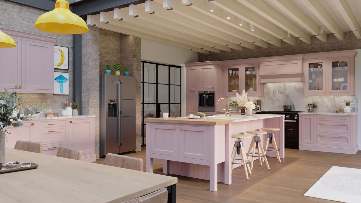 pink kitchen island with stools