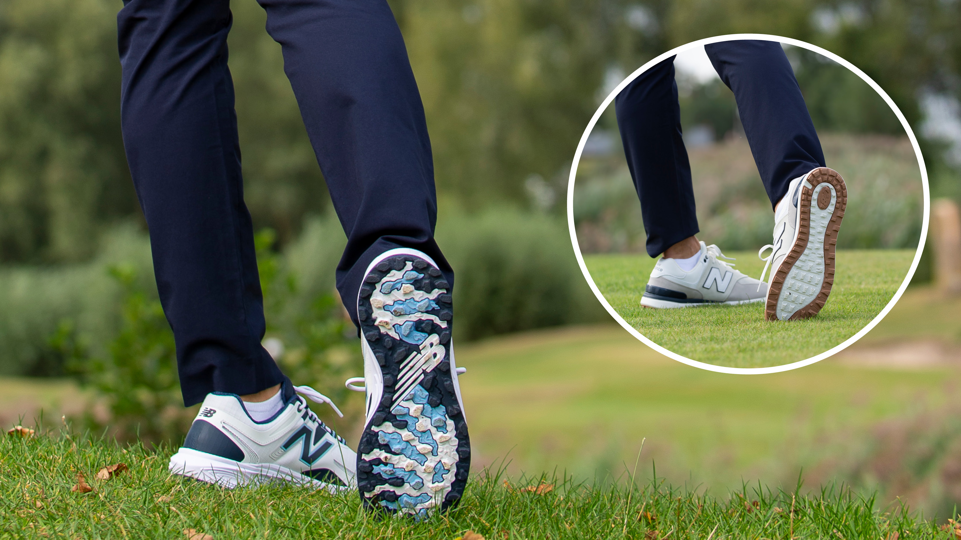 Two close-ups of a golfer wearing New Balance shoes during a shot