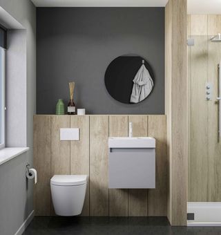 wood panelled shower room with slimline storage