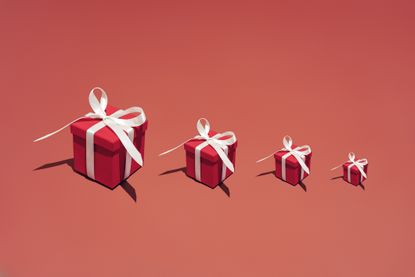 a group of wrapped gifts against a colorful background