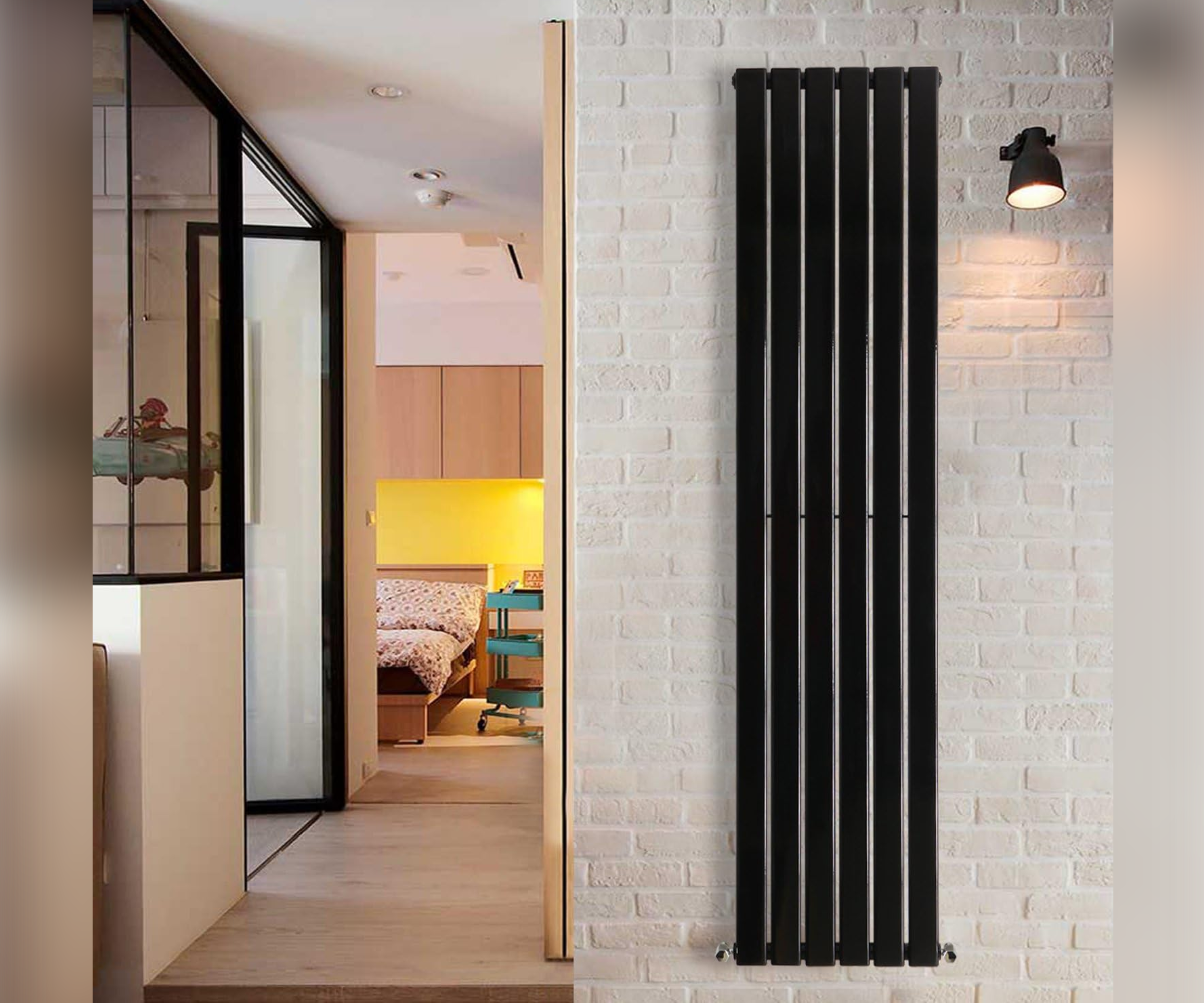 NRG 1800x408mm Vertical Flat Panel Designer Radiator on a brick wall next to a hallway leading into a bedroom