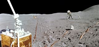 Apollo 15 lunar module pilot Jim Irwin puts down the Apollo Lunar Surface drill used to take core samples.