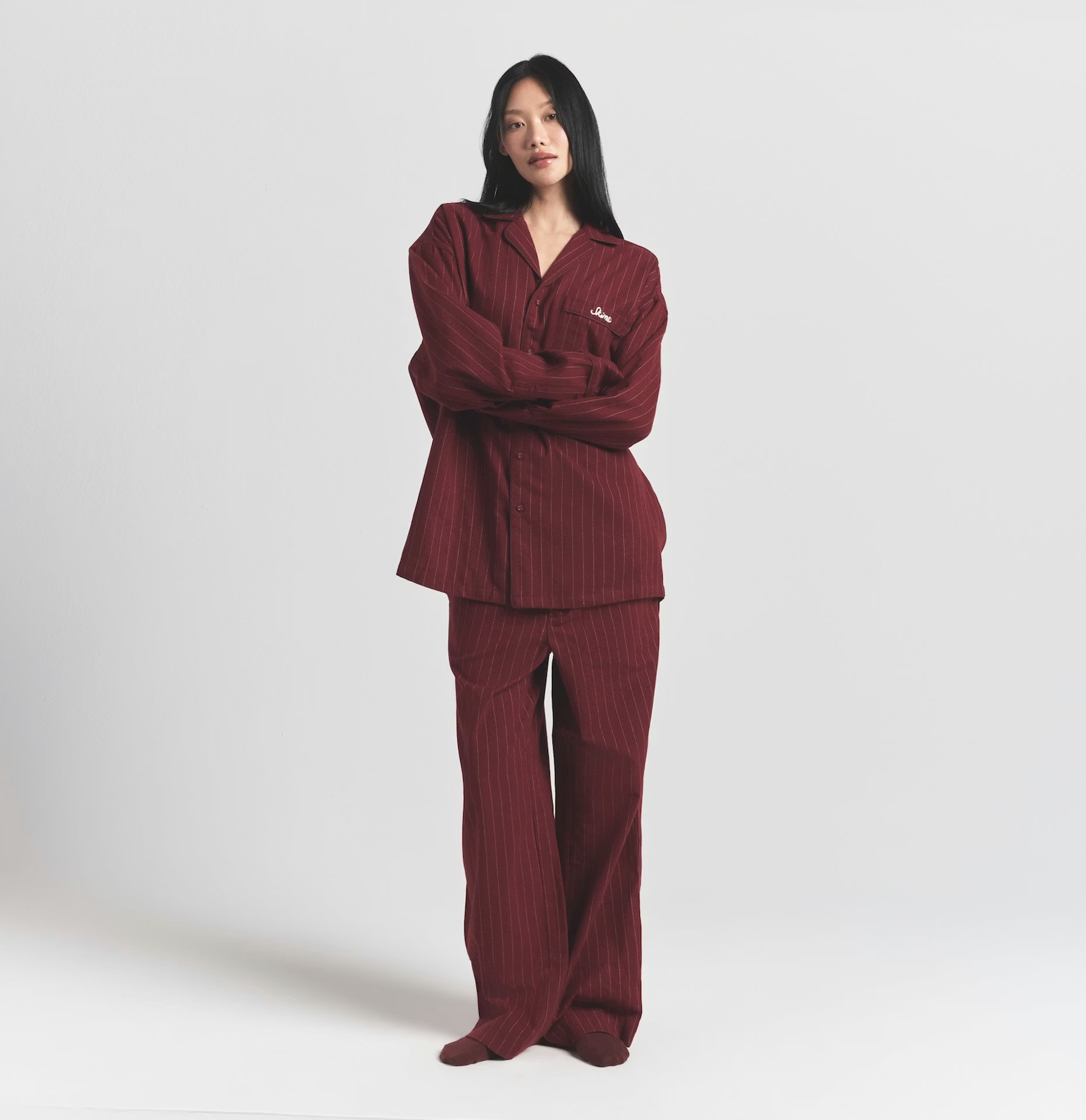 Cropped Cotton Pyjamas in Pink &amp;amp; Burgundy Stripe