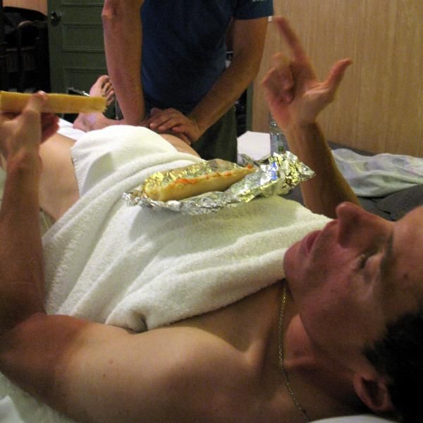 Inside the hotel: Sylvain Chavanel had a slice of bread while receiving his massage