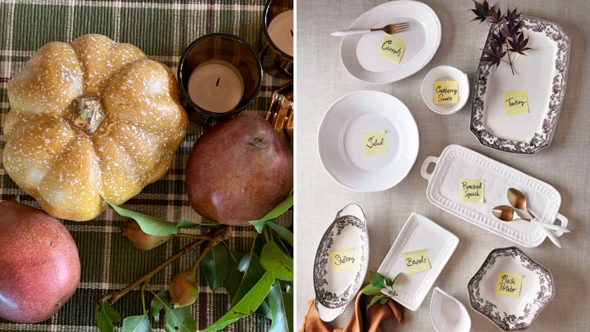 Pumpkins on a gingham tablecloth and dishes with sticky note labels in