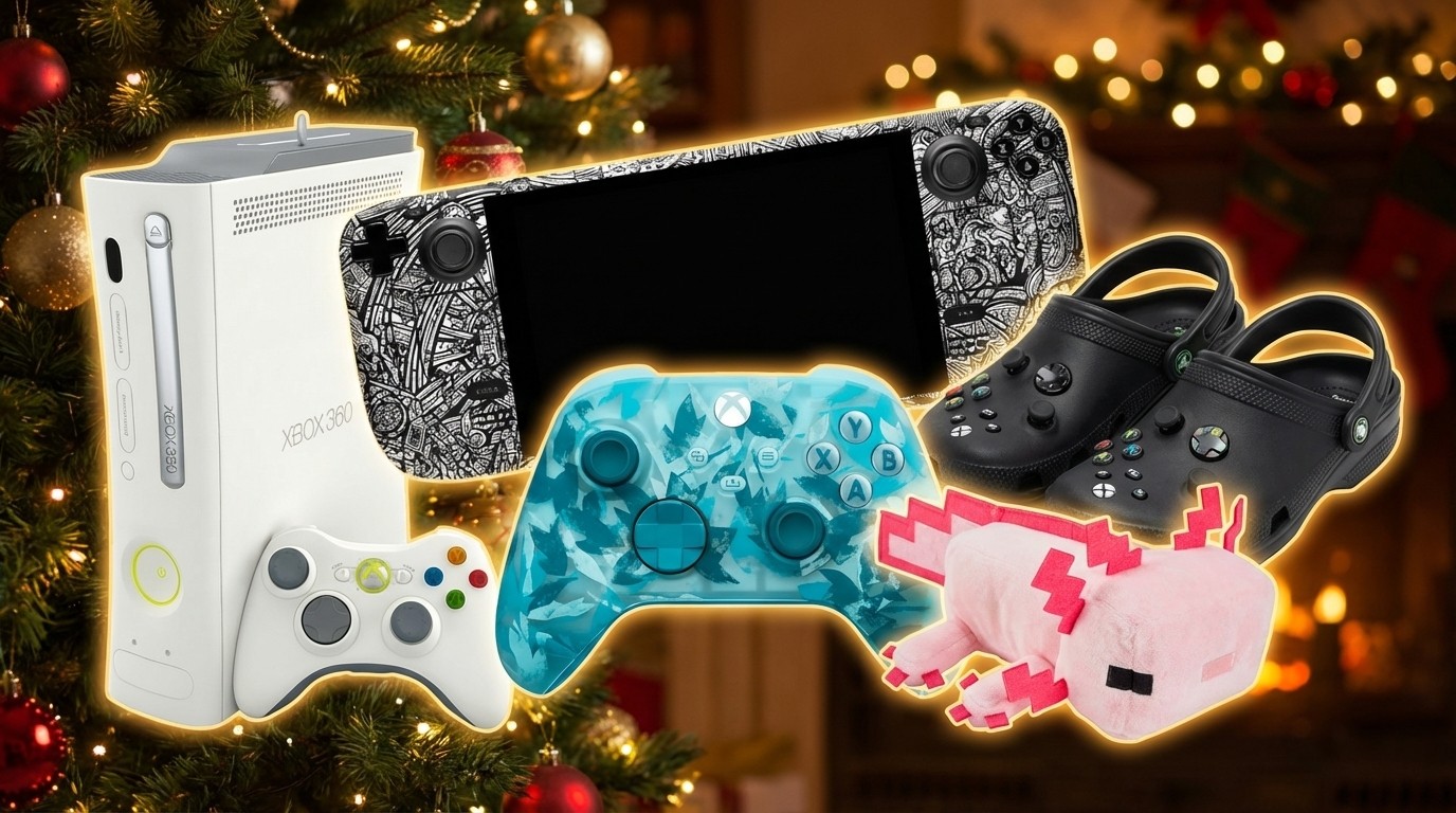 Xbox 360 ornament, Crocs, Xbox controller, Steam Deck and Minecraft toy in front of festive background