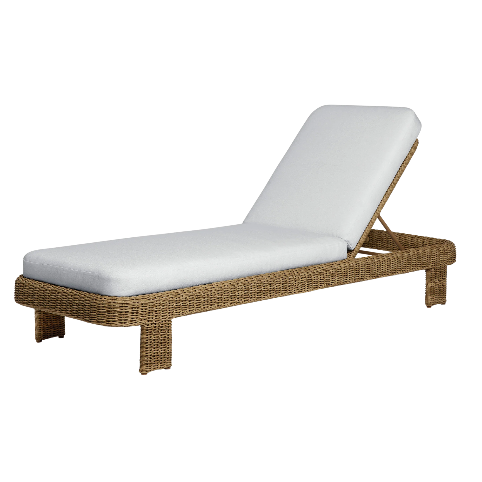 an outdoor lounge chair with a white cushion and a woven wicker frame