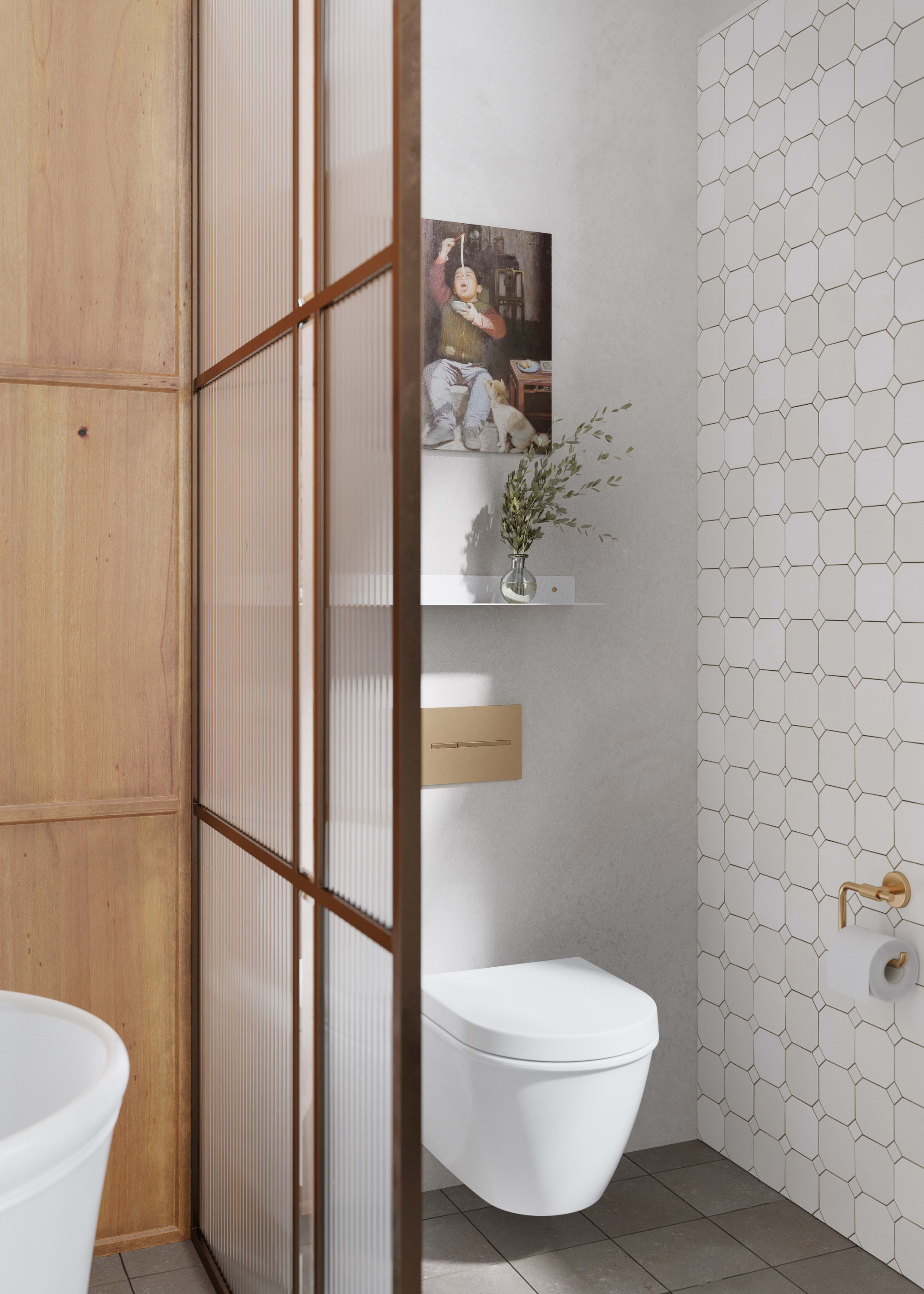 A contemporary toilet area, screened off from the rest of the bathroom with fluted glass.