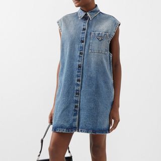 model wearing prada denim shirt mini dress