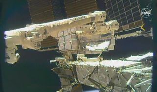 A view of the International Space Station during the battery-replacement spacewalk conducted on June 26, 2020.