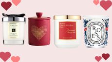 Four of our favourite valentine's day candles: Jo Malone Pomegranite Noir, M&S Kelly Hoppen, Baccarat Rouge, Roses by Diptyque on a pink background with love hearts