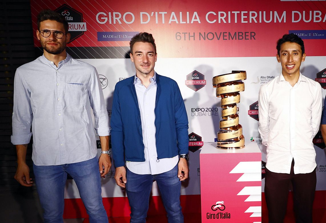 Giro d&#039;Italia Criteirum - Expo 2020 Dubai - Riders Presentation - 05/11/2021 - Filippo Ganna (ITA - Ineos Grenadiers) - Elia Viviani (ITA - Cofidis) - Egan Bernal (COL - Ineos Grenadiers) - Peter Sagan (SVK - Bora - Hansgrohe) - photo Luca Bettini/BettiniPhotoÂ©2021