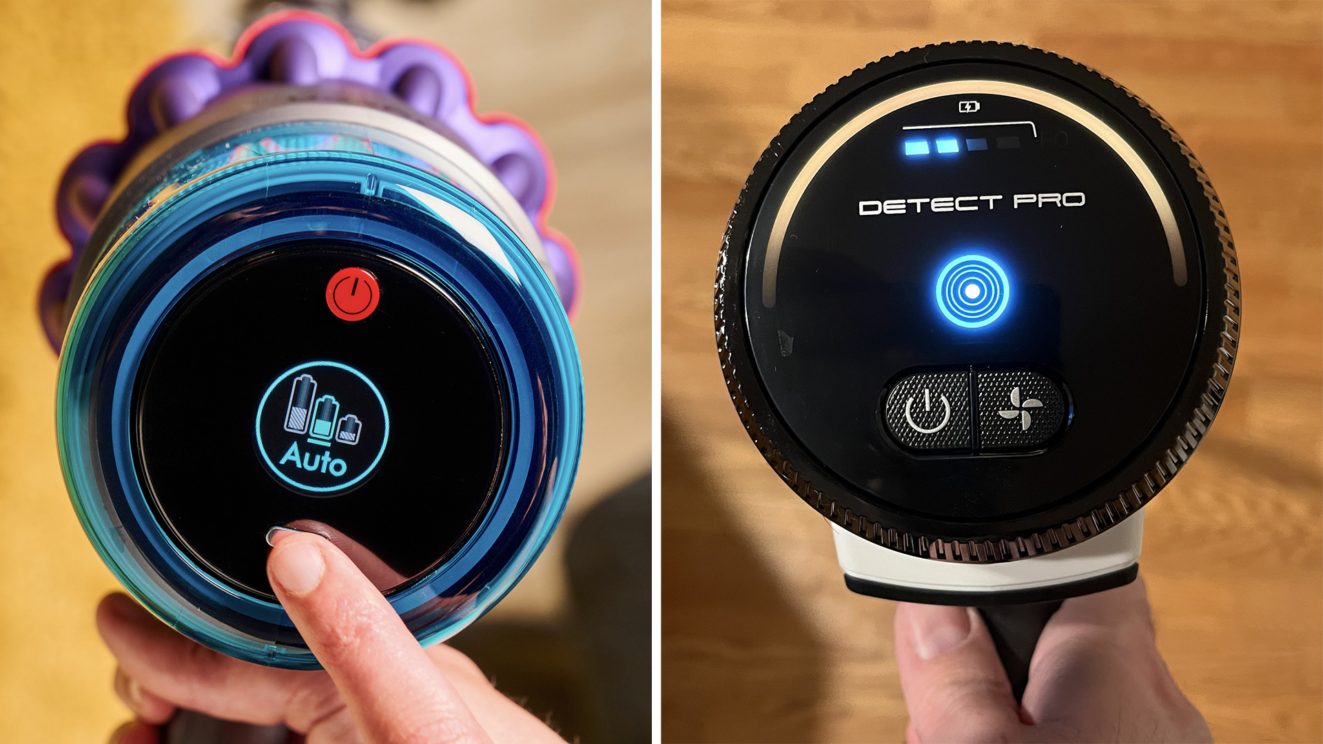 Control screen on Dyson Gen5detect (left) and controls on Shark Detect Pro vacuum (right)