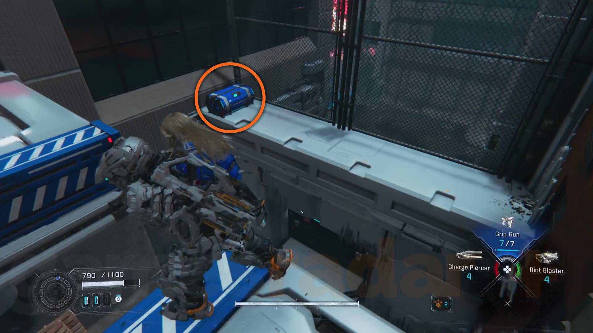 Pragmata Mass Production Array collectibles Side Alley mod box on top of wall