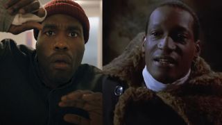 Anthony McCoy (Yahya Abdul-Mateen) staring into the screen in 2021 Candyman and Daniel Robitaille (Tony Todd) talking with Helen Lyles in 1992 Candyman