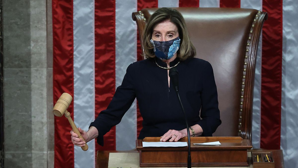 Speaker of the House Nancy Pelosi (D-CA) raps her gavel after the House voted to impeach U.S. President Donald Trump for the second time in little over a year in the House Chamber of the U.S. Capitol Jan. 13, 2021 in Washington, DC.