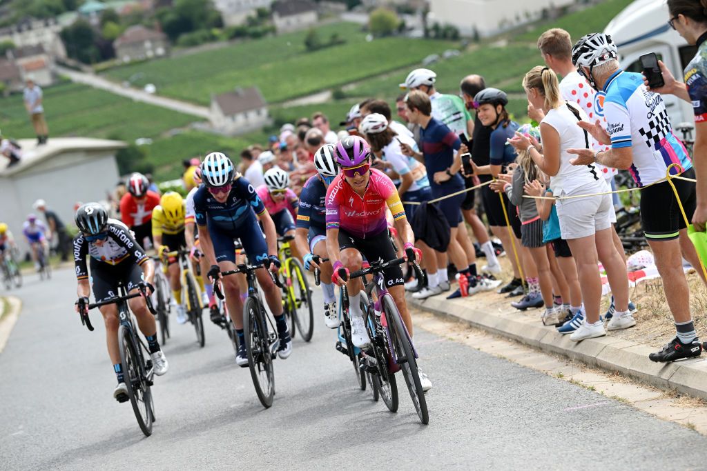 EPERNAY FRANCE JULY 26 LR Liane Lippert of Germany and Team DSM Women Annemiek Van Vleuten of Netherlands and Movistar Team and Ashleigh Moolman Pasio of South Africa and Team SD Worx compete in the breakaway during the 1st Tour de France Femmes 2022 Stage 3 a 1336km stage from Reims to pernay TDFF UCIWWT on July 26 2022 in Epernay France Photo by Dario BelingheriGetty Images