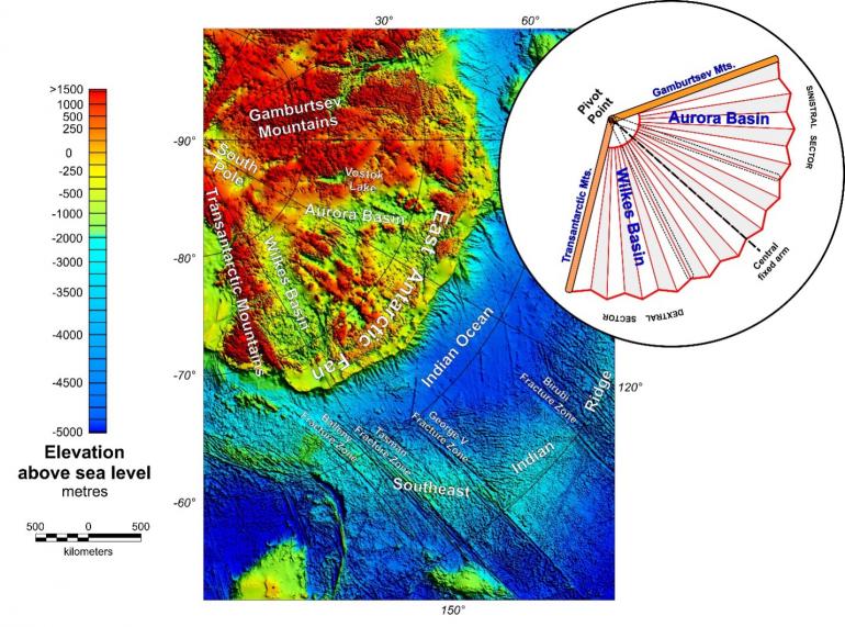 Map of East Antarctica with a diagram of a fan showing how a newly discovered geological structure formed.
