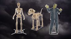 Home Depot Halfway to Halloween sales items including the giant skeleton, giant dog skeleton, and giant Frankenstein on a black cloudy sky background