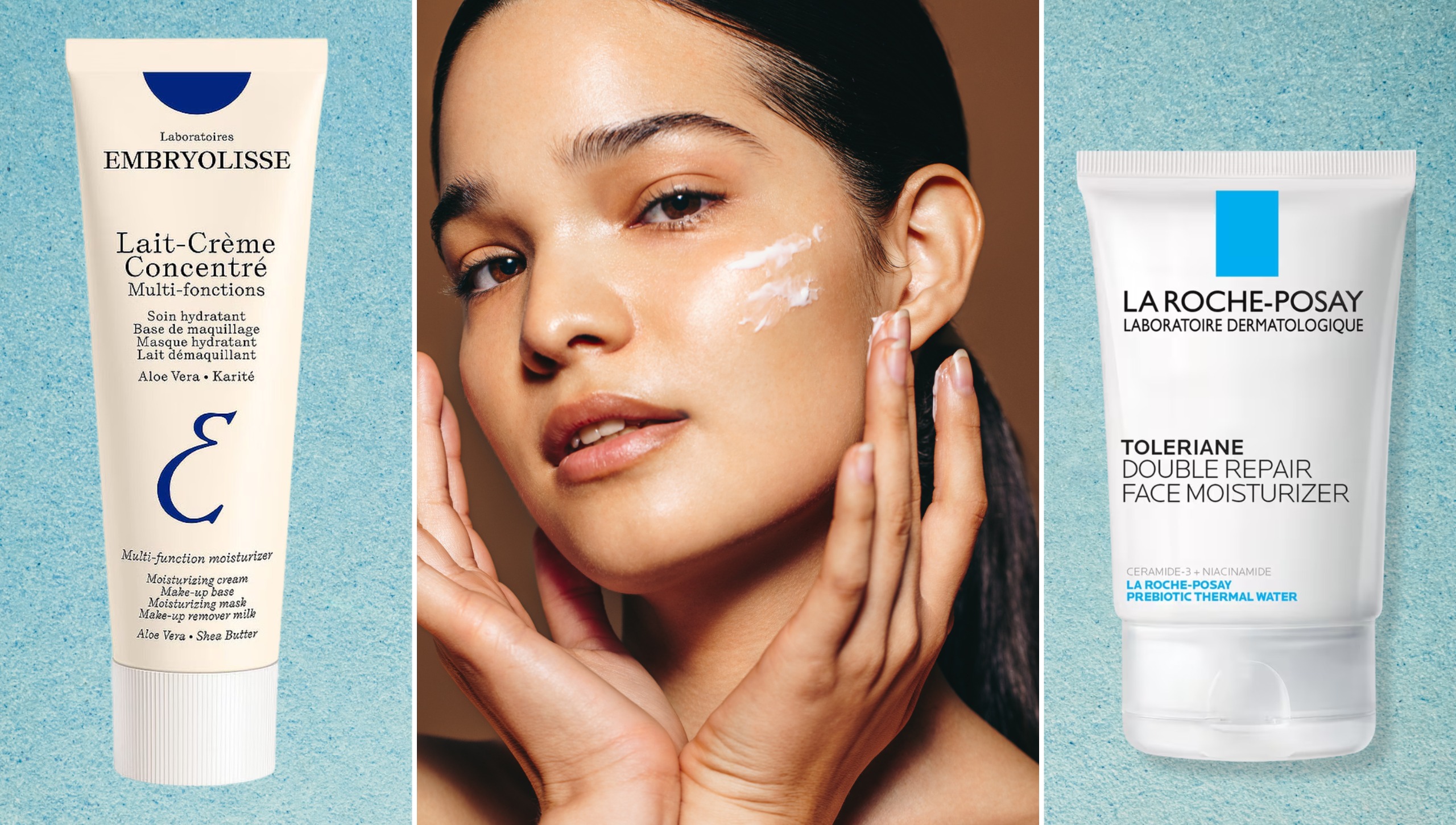 model wearing drugstore moisturizer on a blue background next to two drugstore moisturizer containers