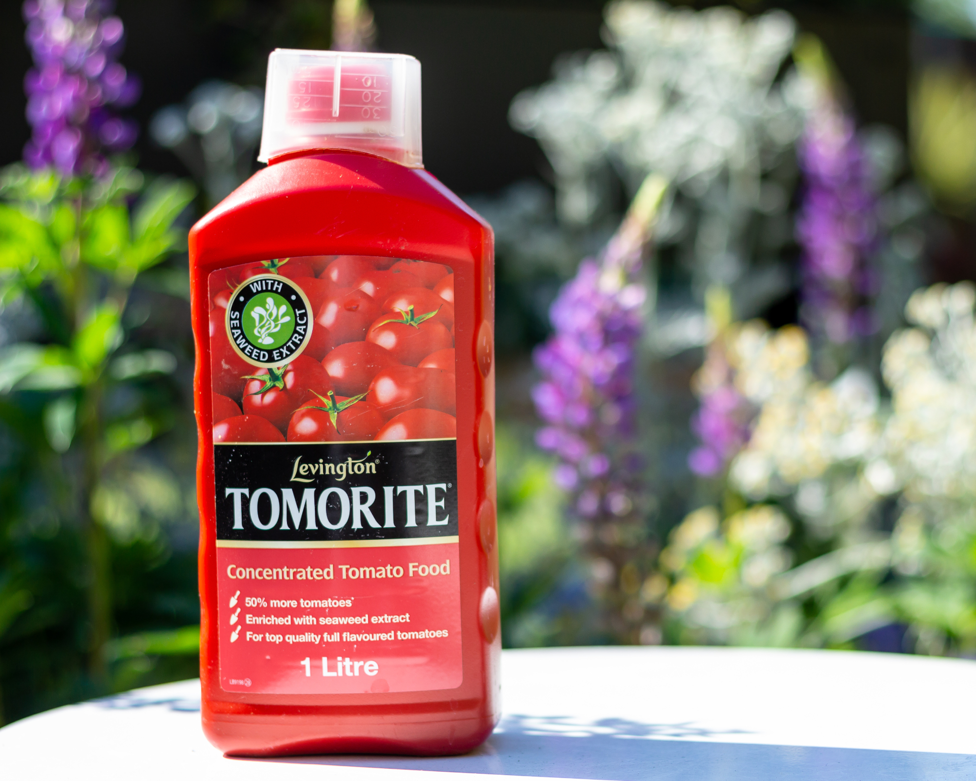A small red bottle of Tomorite tomato feed on a white table in a garden setting