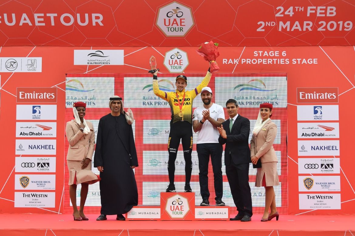 Primoz Roglic (Jumbo-Visma) on the podium after winning stage 6