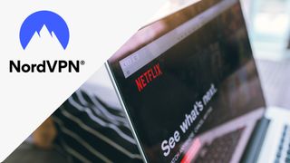 NordVPN logo next to a laptop displaying the Netflix home screen