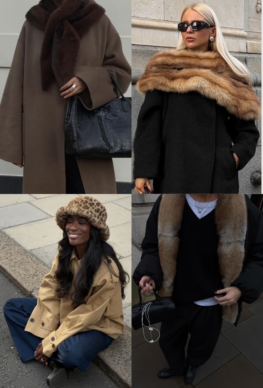 close-up shots of a brown faux-fur scarf over a tan wool coat, ombre faux-fur shawl over a black wool coat, leopard-print faux-fur bucket, and ombre thin faux-fur scarf