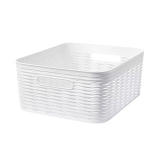 A wide, low, woven-look white plastic storage container with cutout handles