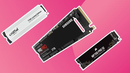 A trio of SSDs for workstations on a pink background