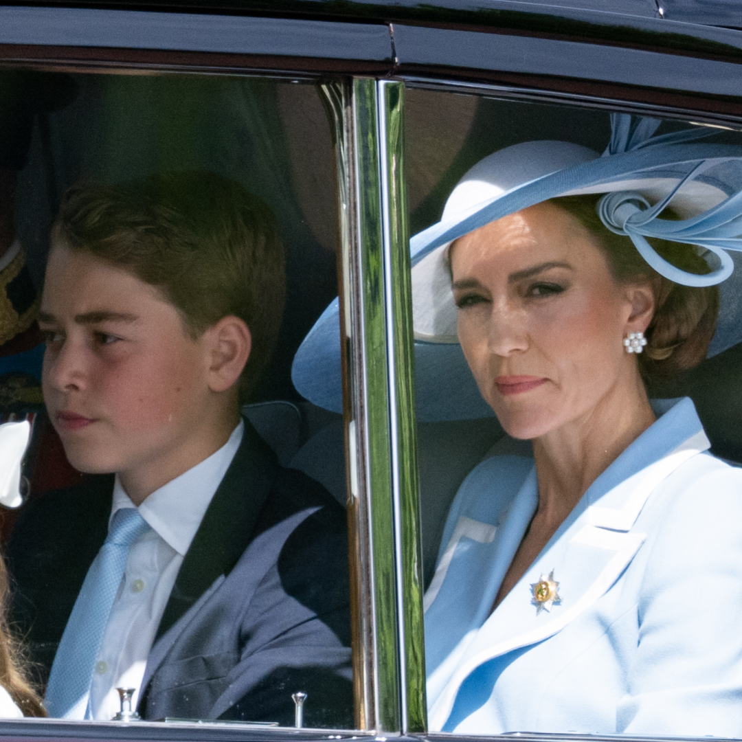 Princess Kate wears a baby blue dress for Trooping the Colour 2026, along with an oversize hat, and her son Prince George wears a matching blue tie
