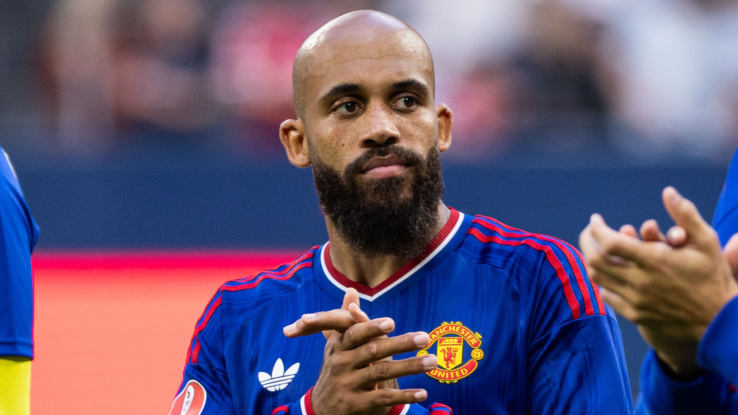 Bryan Mbeumo of Manchester United thanks supporters after the pre-season friendly match between Manchester United and Atletico de Madrid at Strawberry Arena on August 1, 2026 in Solna, Sweden