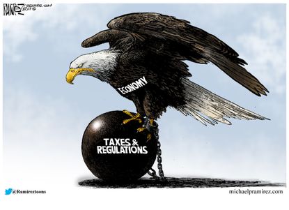 Political Cartoon U.S. American economy taxes regulations libertarian
