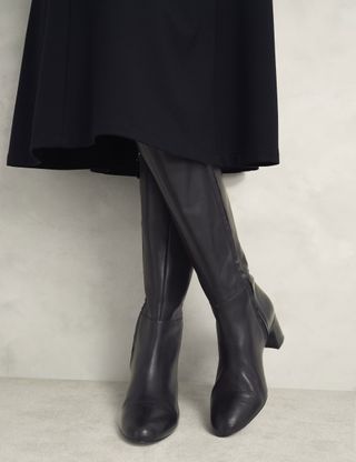 Leather Block Heel Knee High Boots