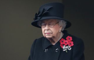 Queen Elizabeth II during the National Service of Remembrance at The Cenotaph on November 08, 2020 in London, England