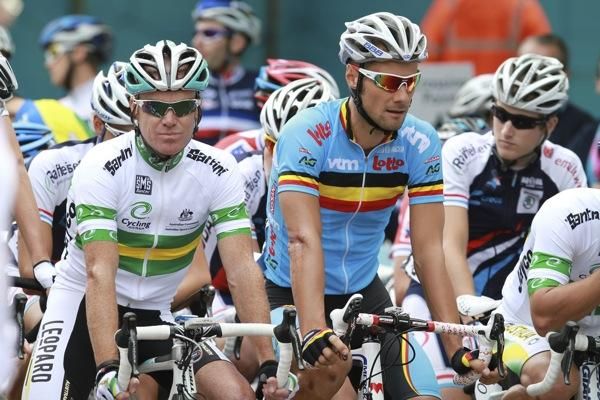 Aussie Stuart O&sup1;Grady lines up with Belgium&sup1;s Tom Boonen.